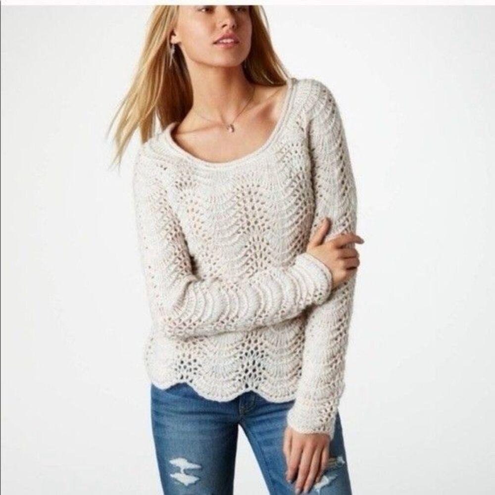 American Eagle Outfitters Scoop Neck Pointelle Sweater Women’s L Cream Scalloped
